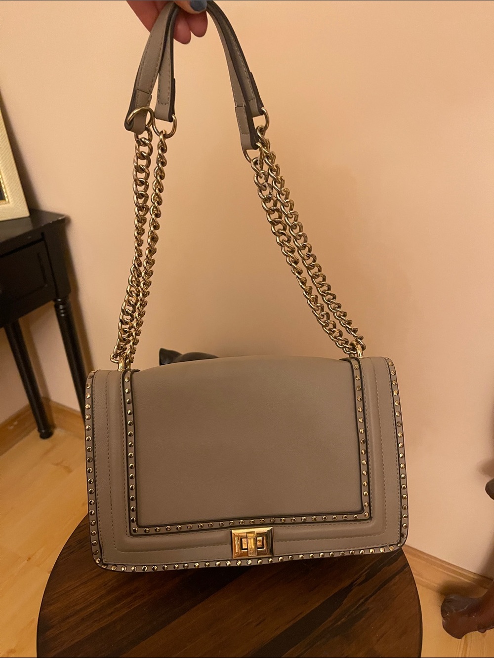 INC International Concepts Taupe Studded Shoulder Bag with Gold Chain